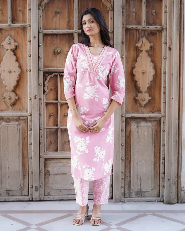 Pastel_Pink_Floral_Printed_Kurta_Set_with_Mirror_Work_Neckline