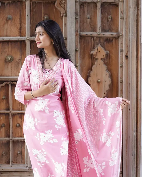 Pastel_Pink_Floral_Printed_Kurta_Set_with_Mirror_Work_Neckline