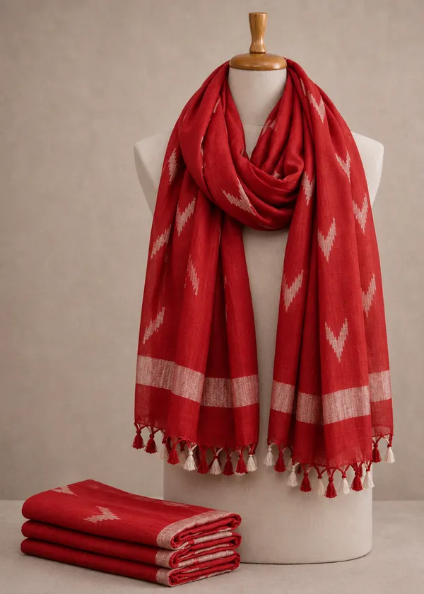 Linen_Cotton_Blend_Zari_Weaving_Handloom_Ikkat_Dupatta_(12025_Red)