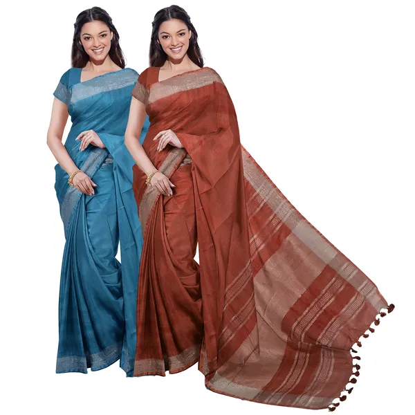 Cyan_&_Sienna_Orange_women's_Bhagalpuri_Handloom_Cotton-Linen_Blend_Saree_Combo_(Pack_Of_2)_With_Running_Unstiched_Blouse_Piece