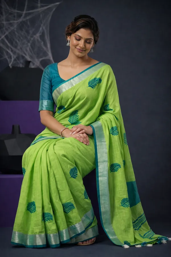 Handwoven_Bhagalpuri_Linen_Blend_Embroidered_Saree_With_Contrast_Blouse_Piece(Parrot_Green_Cyan)