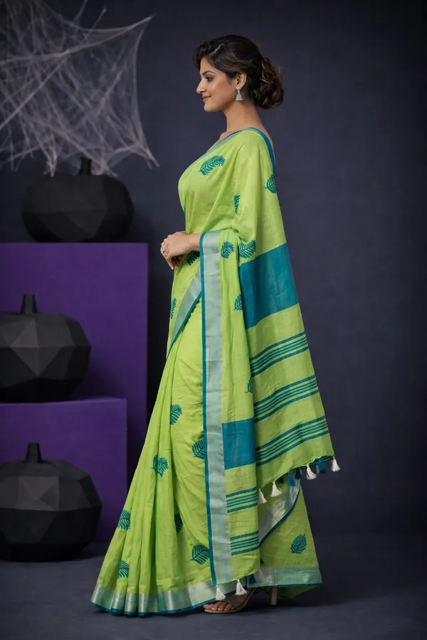 Handwoven_Bhagalpuri_Linen_Blend_Embroidered_Saree_With_Contrast_Blouse_Piece(Parrot_Green_Cyan)