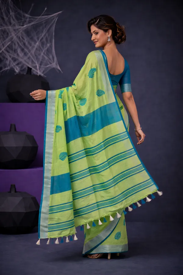 Handwoven_Bhagalpuri_Linen_Blend_Embroidered_Saree_With_Contrast_Blouse_Piece(Parrot_Green_Cyan)