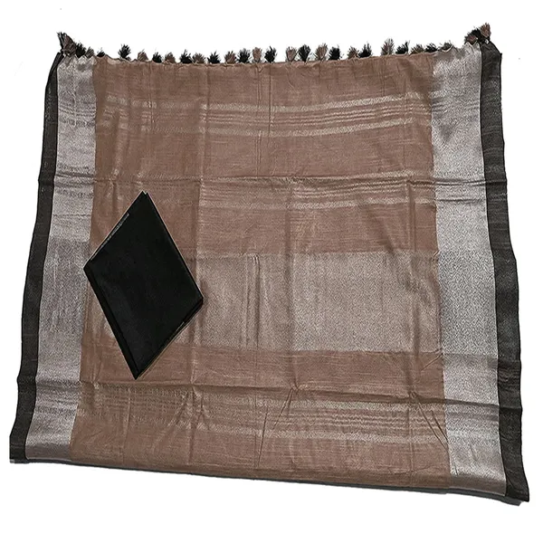 Brown_Bhagalpuri_Handloom_women's_Linen_Blend_Saree_With_Black_Contrast_Blouse_Piece