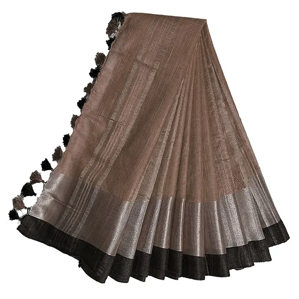 Brown_Bhagalpuri_Handloom_women's_Linen_Blend_Saree_With_Black_Contrast_Blouse_Piece