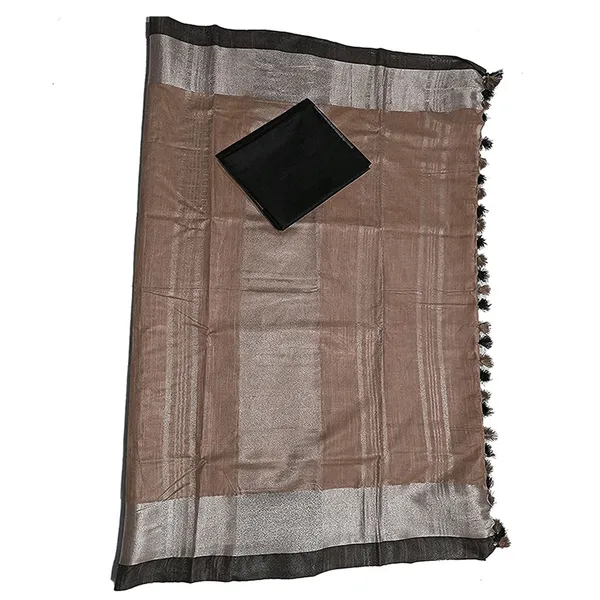 Brown_Bhagalpuri_Handloom_women's_Linen_Blend_Saree_With_Black_Contrast_Blouse_Piece