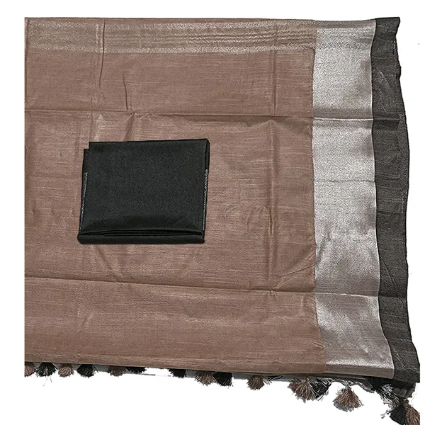 Brown_Bhagalpuri_Handloom_women's_Linen_Blend_Saree_With_Black_Contrast_Blouse_Piece