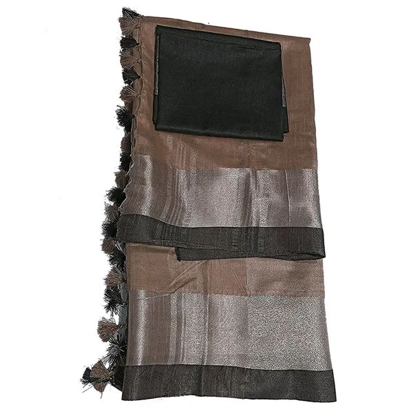 Brown_Bhagalpuri_Handloom_women's_Linen_Blend_Saree_With_Black_Contrast_Blouse_Piece
