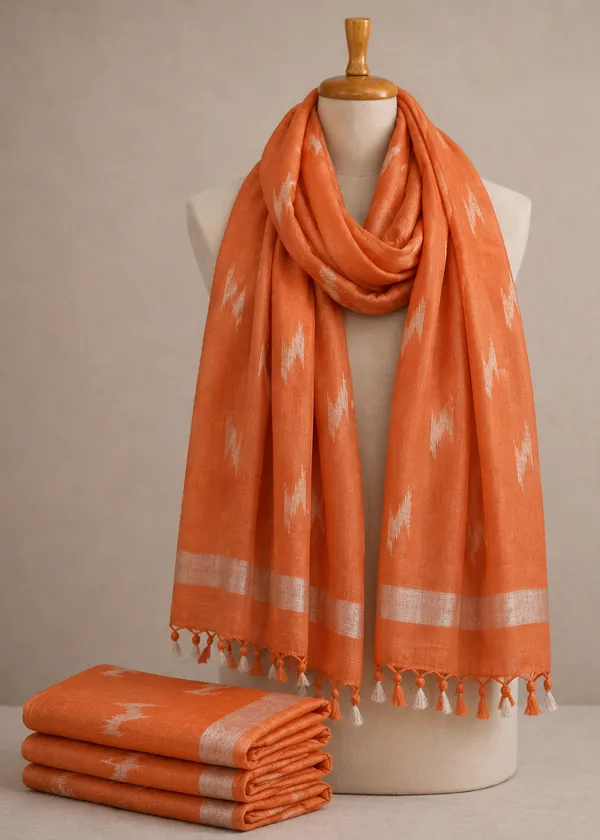 Linen_Cotton_Blend_Zari_Weaving_Handloom_Ikkat_Dupatta_(12013_Coral_Orange)
