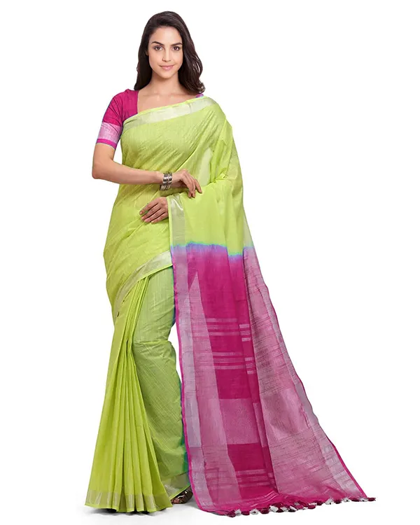 Chartreuse_Green_&_Raspberry_Pink_women's_Bhagalpuri_Handloom_Pure_Cotton_Two_Dye_Saree_With_Running_Unstitched_Blouse_Piece