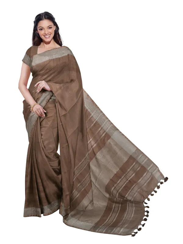 Brown_women's_Bhagalpuri_Handloom_Linen_Blend_Saree_And_Variation_Of_Colors_With_Running_Unstiched_Blouse_Piece