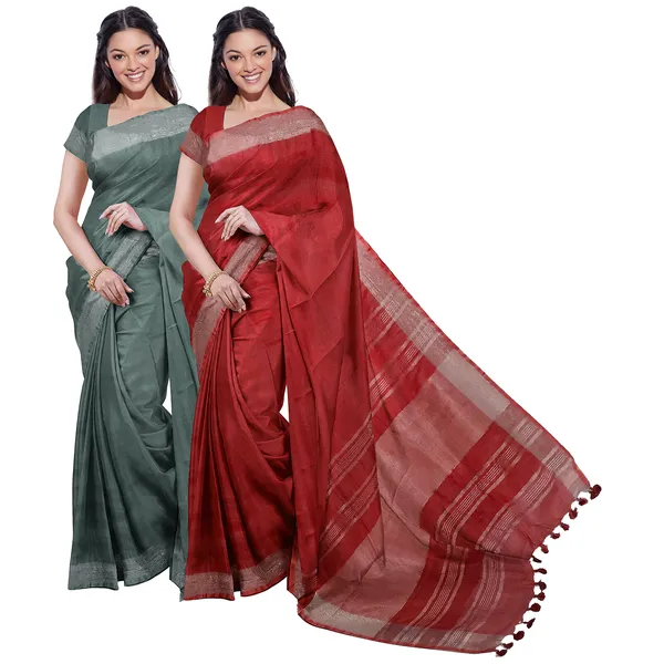Hookers'_Green_&_Red_women's_Bhagalpuri_Handloom_Cotton-Linen_Blend_Saree_Combo_(Pack_Of_2)_With_Running_Unstiched_Blouse_Piece