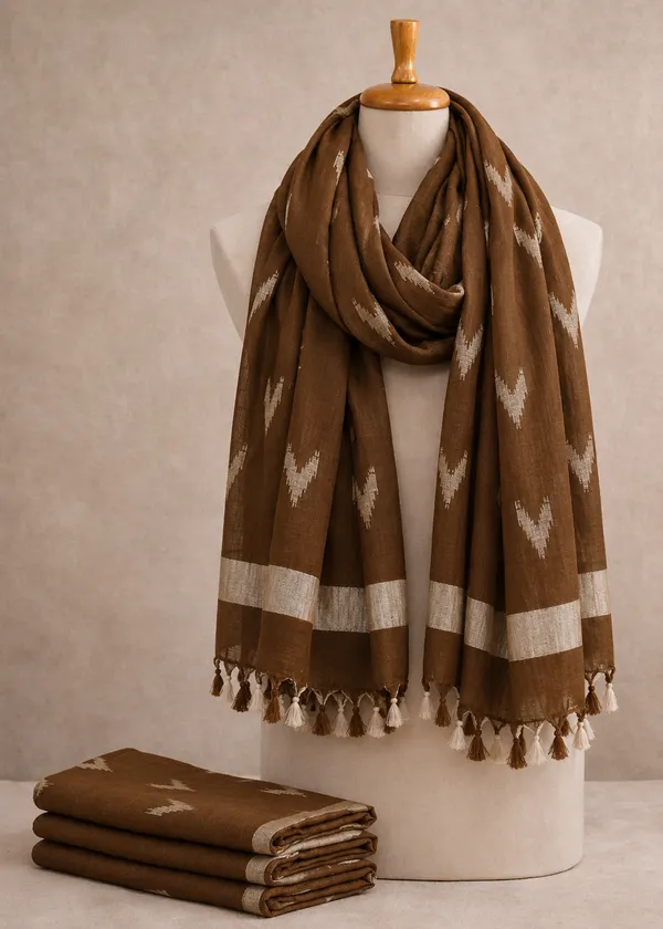 Linen_Cotton_Blend_Zari_Weaving_Handloom_Ikkat_Dupatta_(12008_Brown)
