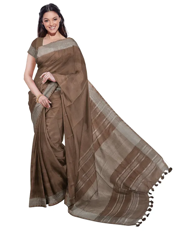 Brown_&_Quinacridone_Magenta_women's_Bhagalpuri_Handloom_Cotton-Linen_Blend_Saree_With_Running_Unstiched_Blouse_Piece
