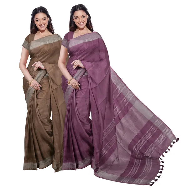 Brown_&_Quinacridone_Magenta_women's_Bhagalpuri_Handloom_Cotton-Linen_Blend_Saree_With_Running_Unstiched_Blouse_Piece