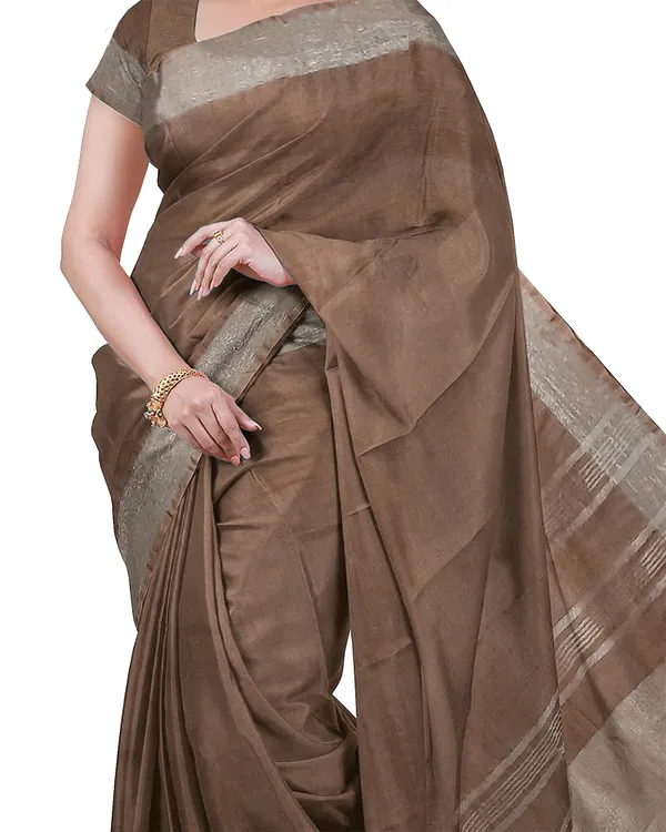 Brown_&_Quinacridone_Magenta_women's_Bhagalpuri_Handloom_Cotton-Linen_Blend_Saree_With_Running_Unstiched_Blouse_Piece