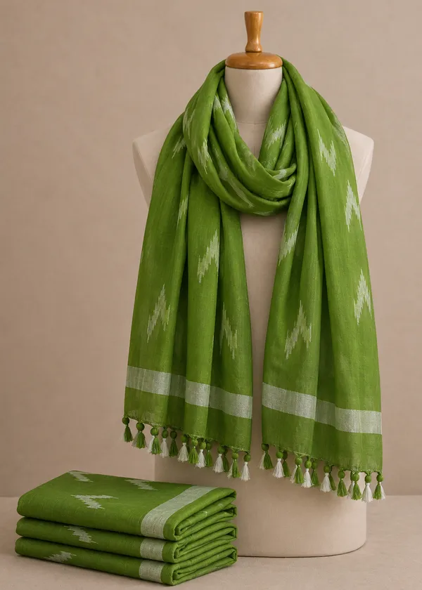 Linen_Cotton_Blend_Zari_Weaving_Handloom_Ikkat_Dupatta_(12024_Pastal_Green)