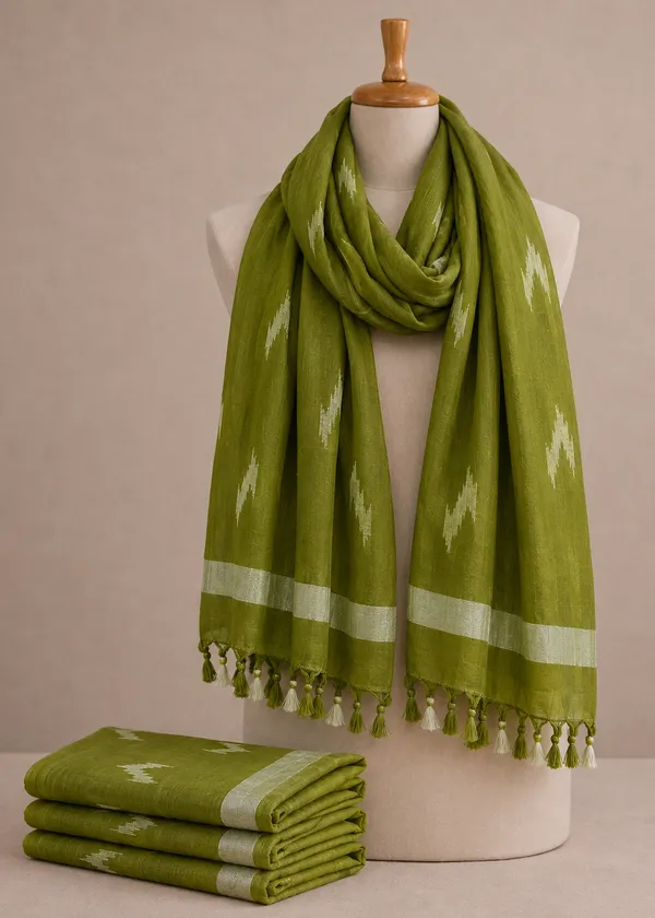 Linen_Cotton_Blend_Zari_Weaving_Handloom_Ikkat_Dupatta_(12003_Apple_Green)