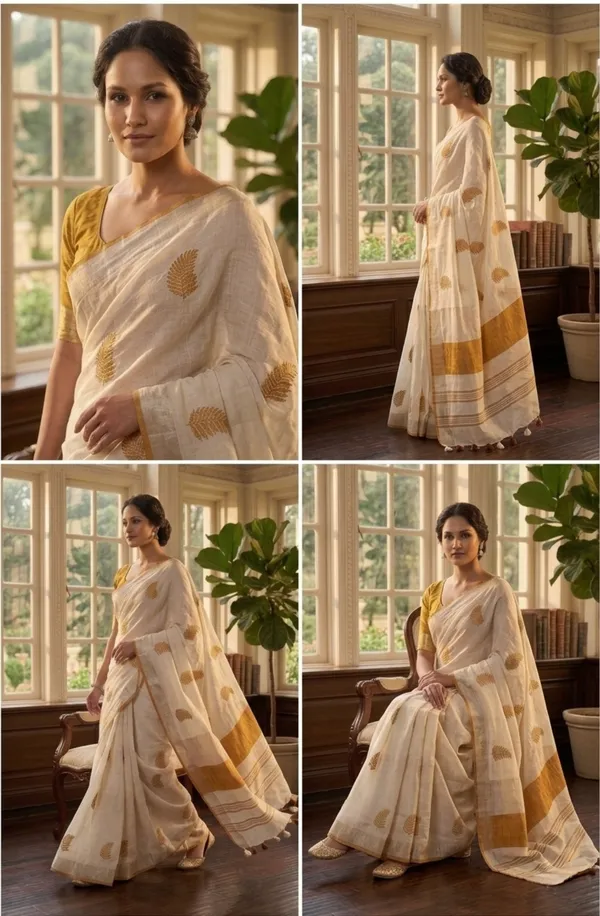 Handwoven_Bhagalpuri_Linen_Blend_Embroidered_Saree_With_Contrast_Blouse_Piece(White_Orange)