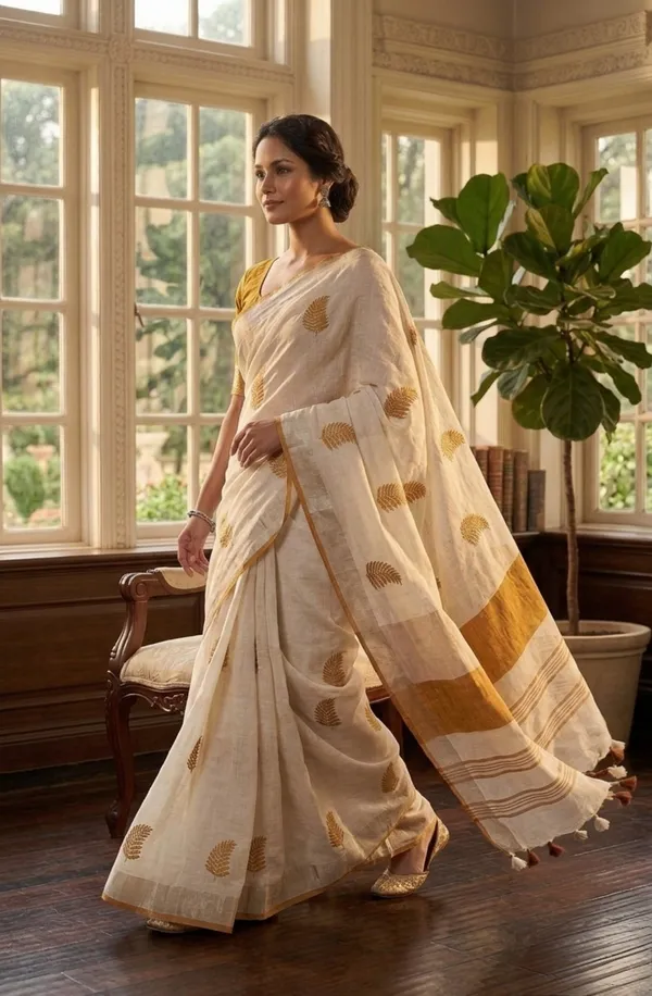 Handwoven_Bhagalpuri_Linen_Blend_Embroidered_Saree_With_Contrast_Blouse_Piece(White_Orange)