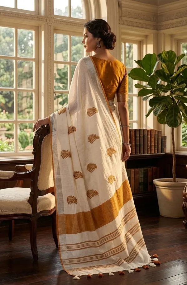 Handwoven_Bhagalpuri_Linen_Blend_Embroidered_Saree_With_Contrast_Blouse_Piece(White_Orange)