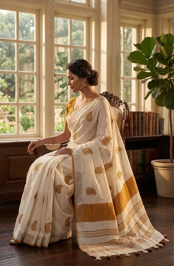 Handwoven_Bhagalpuri_Linen_Blend_Embroidered_Saree_With_Contrast_Blouse_Piece(White_Orange)