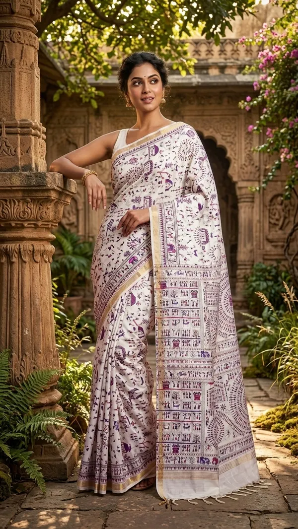 Bhagalpuri_Handloom_Warli_Print_on_Premium_Quality_Soft_Katan_Tussar_Silk_Saree_in_White