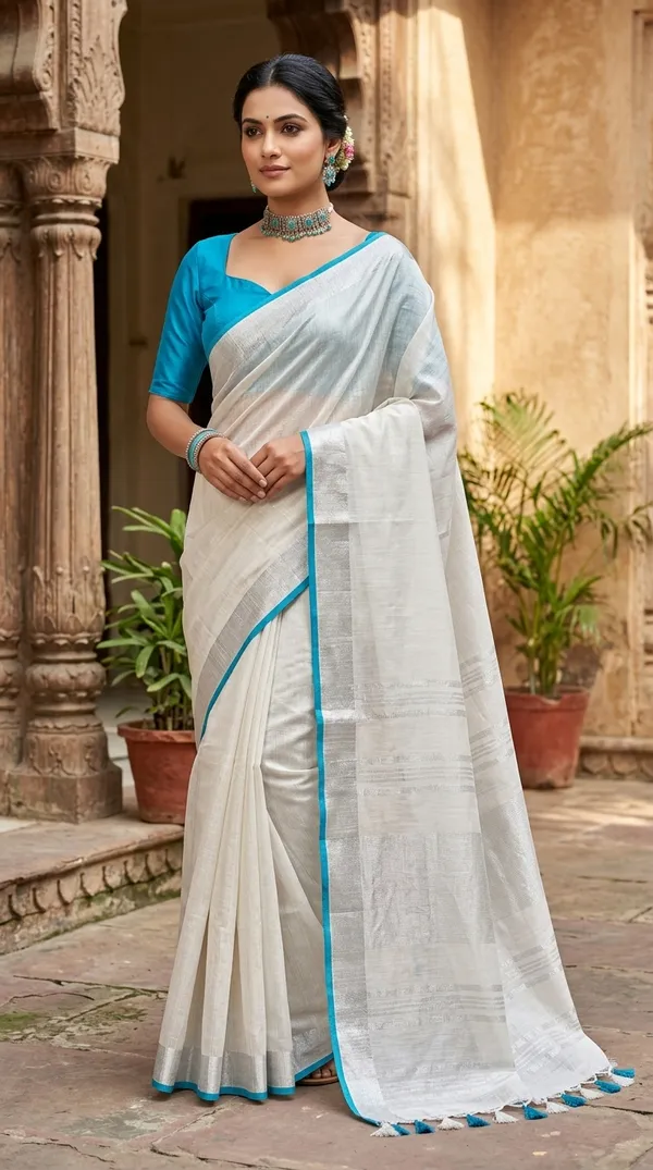 Bhagalpuri_Handloom_Linen_Cotton_Blend_Saree_WIth_Cotrast_Blouse_Piece