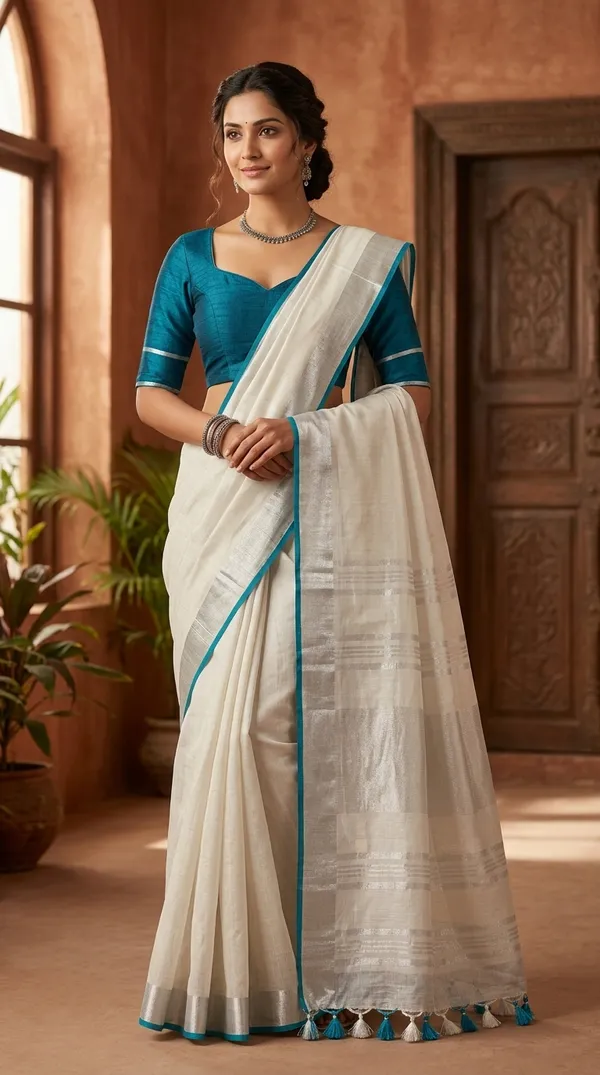 Bhagalpuri_Handloom_Linen_Cotton_Blend_Saree_WIth_Cotrast_Blouse_Piece