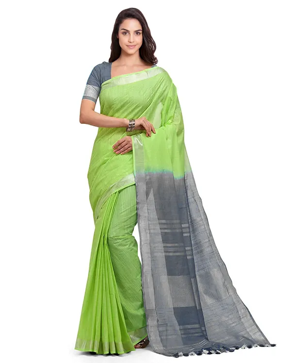 Lawn_Green_&_Grey_women's_Handloom_Bhagalpuri_Linen_Blend_Two_Dye_Saree_With_Running_Unstitched_Blouse_Piece