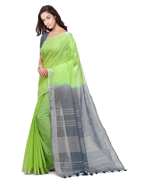 Lawn_Green_&_Grey_women's_Handloom_Bhagalpuri_Linen_Blend_Two_Dye_Saree_With_Running_Unstitched_Blouse_Piece