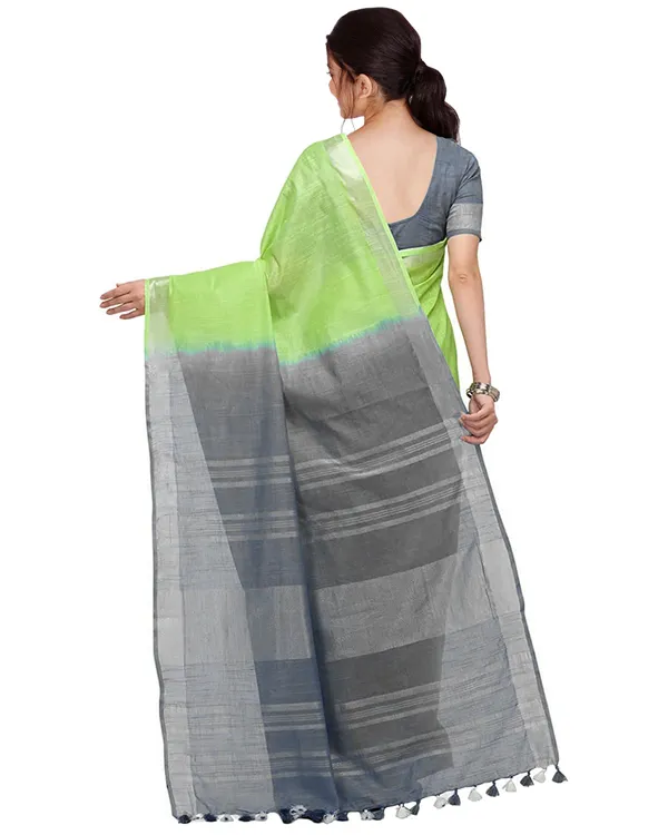 Lawn_Green_&_Grey_women's_Handloom_Bhagalpuri_Linen_Blend_Two_Dye_Saree_With_Running_Unstitched_Blouse_Piece