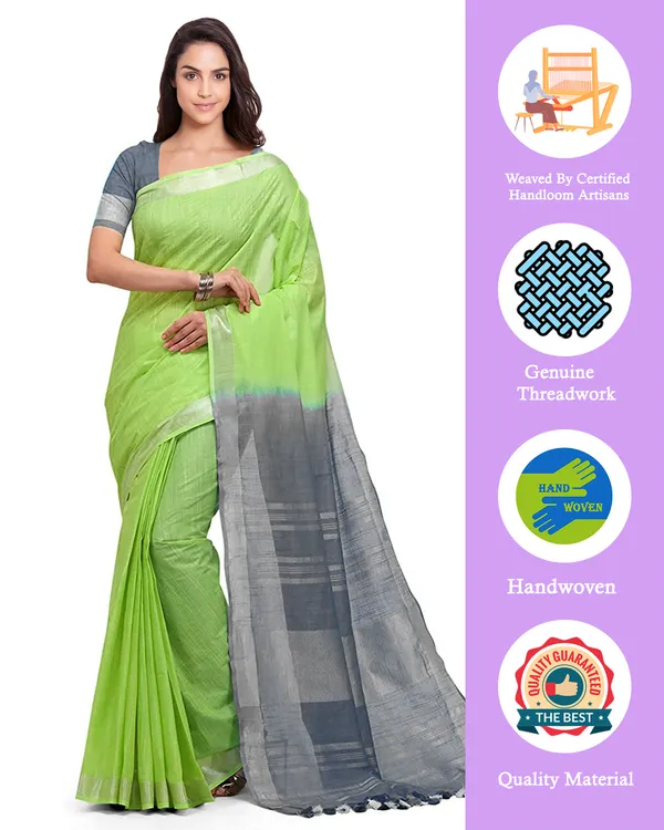 Lawn_Green_&_Grey_women's_Handloom_Bhagalpuri_Linen_Blend_Two_Dye_Saree_With_Running_Unstitched_Blouse_Piece