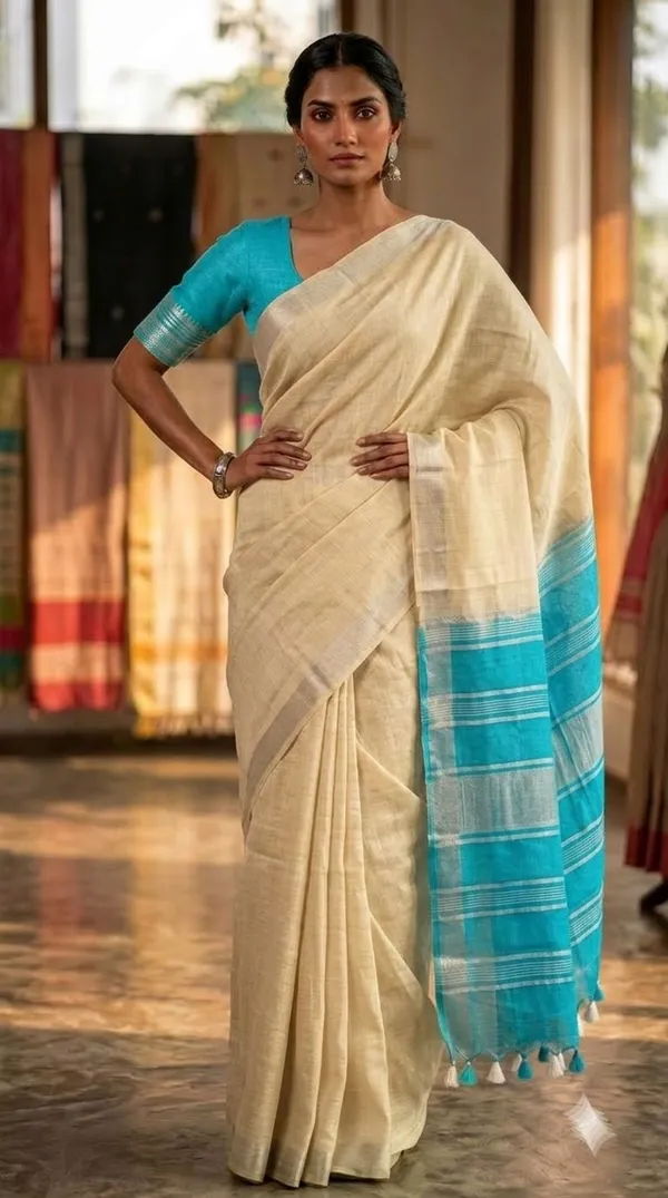 Elegant_Linen_Cotton_Blend_Saree_for_WDS_|_Cream_Saree_with_Contrast_Woven_Pallu_&_Silver_Zari_Border_|_Traditional_Ethnic_Wear