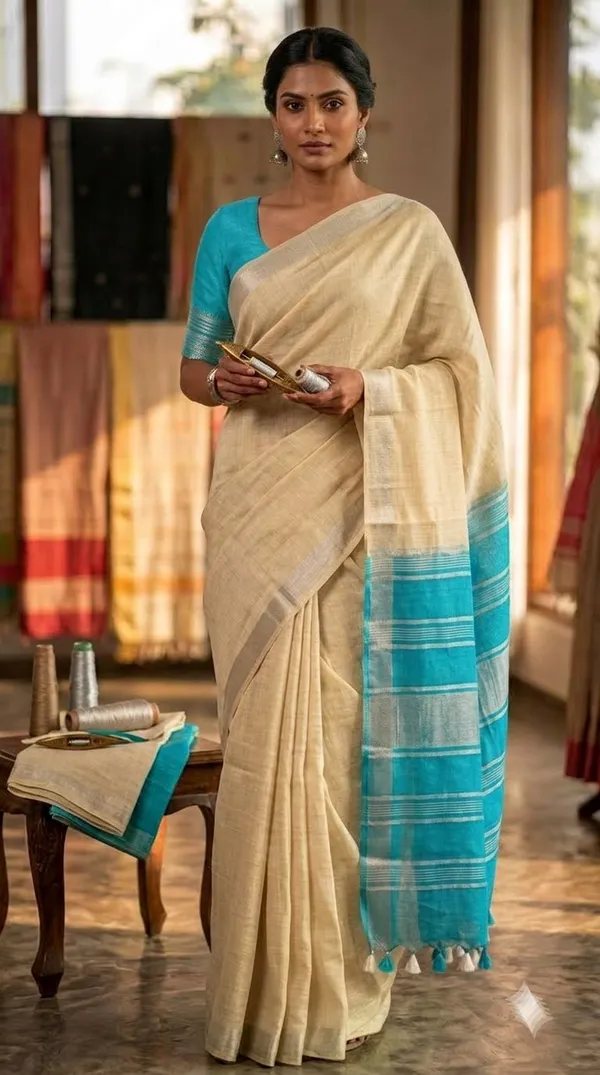 Elegant_Linen_Cotton_Blend_Saree_for_WDS_|_Cream_Saree_with_Contrast_Woven_Pallu_&_Silver_Zari_Border_|_Traditional_Ethnic_Wear