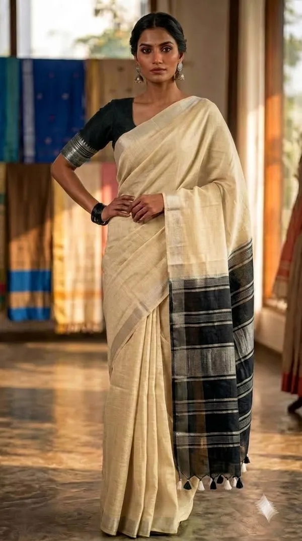 Elegant_Linen_Cotton_Blend_Saree_for_WDS_|_Cream_Saree_with_Contrast_Woven_Pallu_&_Silver_Zari_Border_|_Traditional_Ethnic_Wear