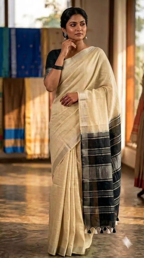 Elegant_Linen_Cotton_Blend_Saree_for_WDS_|_Cream_Saree_with_Contrast_Woven_Pallu_&_Silver_Zari_Border_|_Traditional_Ethnic_Wear