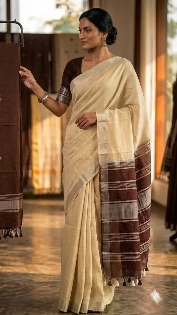 Elegant_Linen_Cotton_Blend_Saree_for_WDS_|_Cream_Saree_with_Contrast_Woven_Pallu_&_Silver_Zari_Border_|_Traditional_Ethnic_Wear