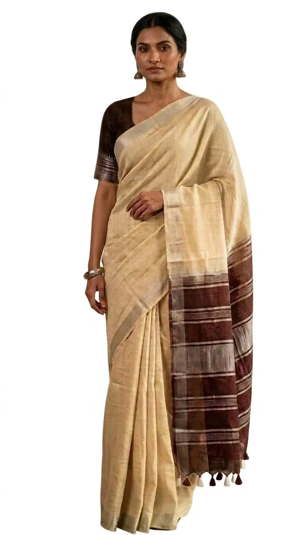 Elegant_Linen_Cotton_Blend_Saree_for_WDS_|_Cream_Saree_with_Contrast_Woven_Pallu_&_Silver_Zari_Border_|_Traditional_Ethnic_Wear