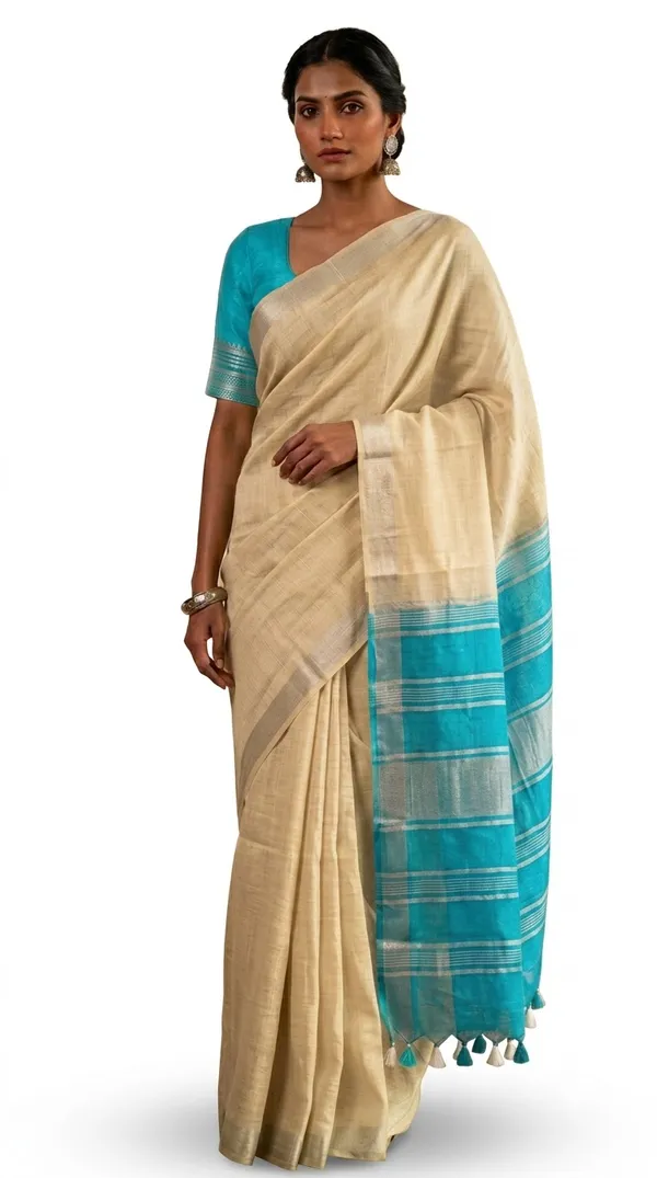Elegant_Linen_Cotton_Blend_Saree_for_WDS_|_Cream_Saree_with_Contrast_Woven_Pallu_&_Silver_Zari_Border_|_Traditional_Ethnic_Wear