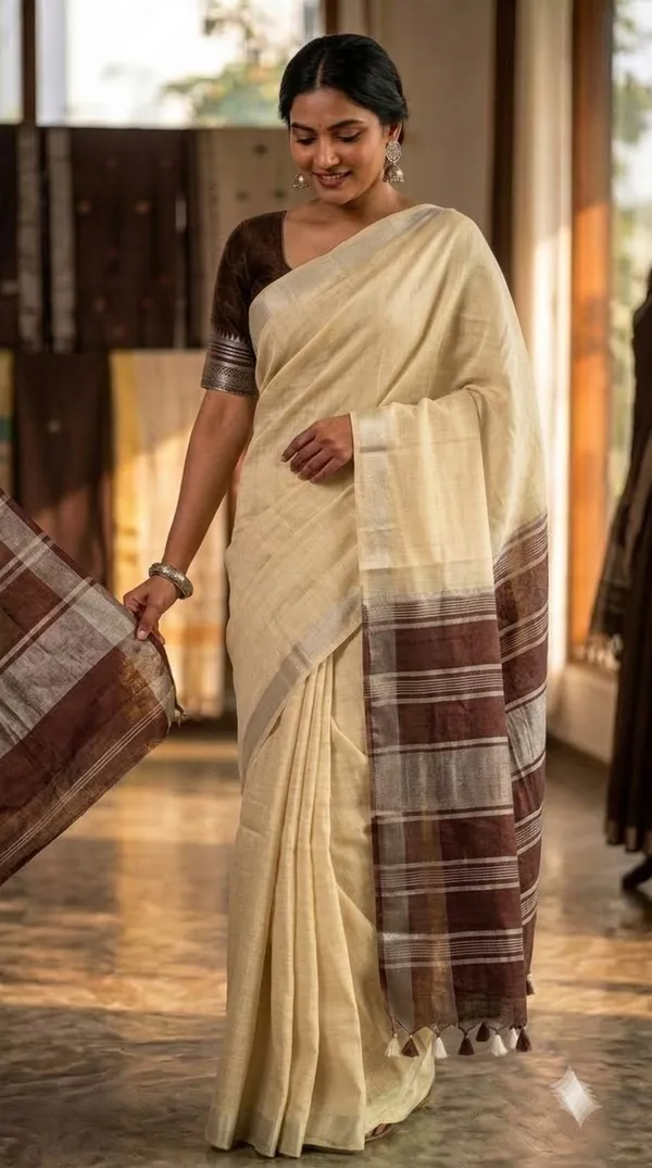 Elegant_Linen_Cotton_Blend_Saree_for_WDS_|_Cream_Saree_with_Contrast_Woven_Pallu_&_Silver_Zari_Border_|_Traditional_Ethnic_Wear