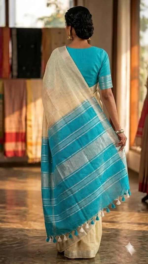 Elegant_Linen_Cotton_Blend_Saree_for_WDS_|_Cream_Saree_with_Contrast_Woven_Pallu_&_Silver_Zari_Border_|_Traditional_Ethnic_Wear
