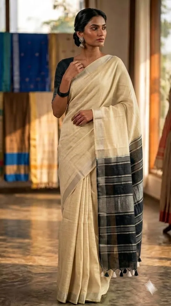 Elegant_Linen_Cotton_Blend_Saree_for_WDS_|_Cream_Saree_with_Contrast_Woven_Pallu_&_Silver_Zari_Border_|_Traditional_Ethnic_Wear