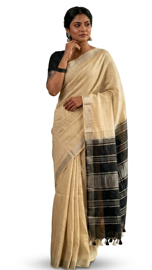 Elegant_Linen_Cotton_Blend_Saree_for_WDS_|_Cream_Saree_with_Contrast_Woven_Pallu_&_Silver_Zari_Border_|_Traditional_Ethnic_Wear