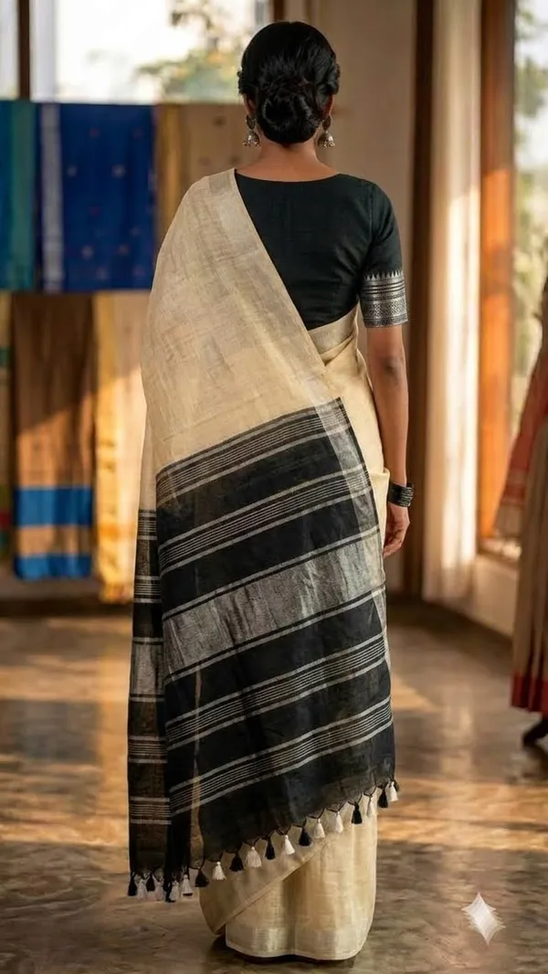 Elegant_Linen_Cotton_Blend_Saree_for_WDS_|_Cream_Saree_with_Contrast_Woven_Pallu_&_Silver_Zari_Border_|_Traditional_Ethnic_Wear