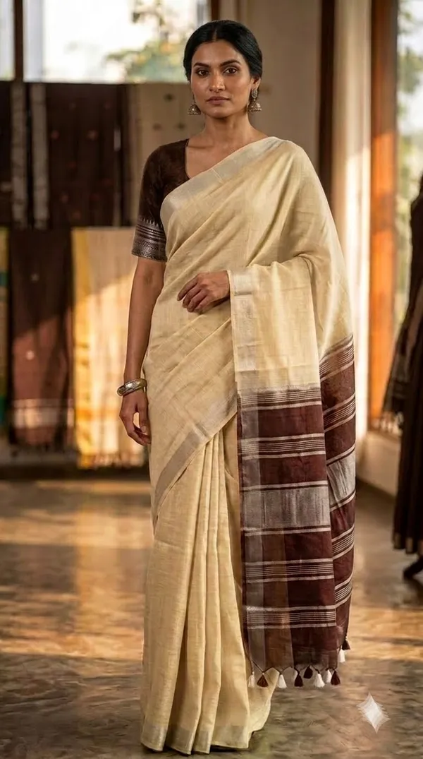 Elegant_Linen_Cotton_Blend_Saree_for_WDS_|_Cream_Saree_with_Contrast_Woven_Pallu_&_Silver_Zari_Border_|_Traditional_Ethnic_Wear