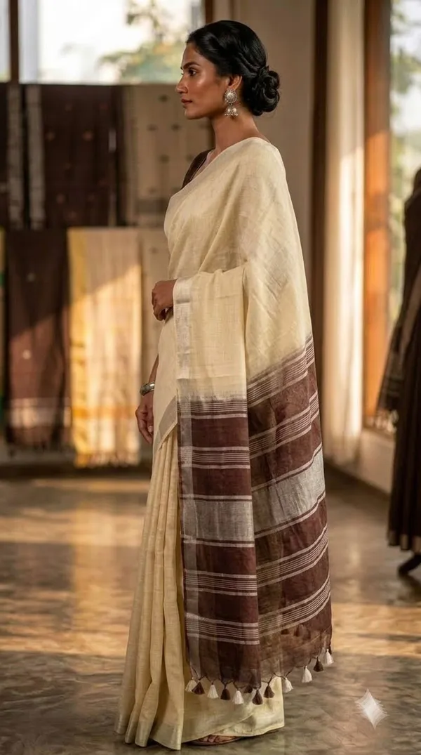 Elegant_Linen_Cotton_Blend_Saree_for_WDS_|_Cream_Saree_with_Contrast_Woven_Pallu_&_Silver_Zari_Border_|_Traditional_Ethnic_Wear