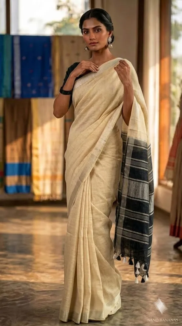 Elegant_Linen_Cotton_Blend_Saree_for_WDS_|_Cream_Saree_with_Contrast_Woven_Pallu_&_Silver_Zari_Border_|_Traditional_Ethnic_Wear