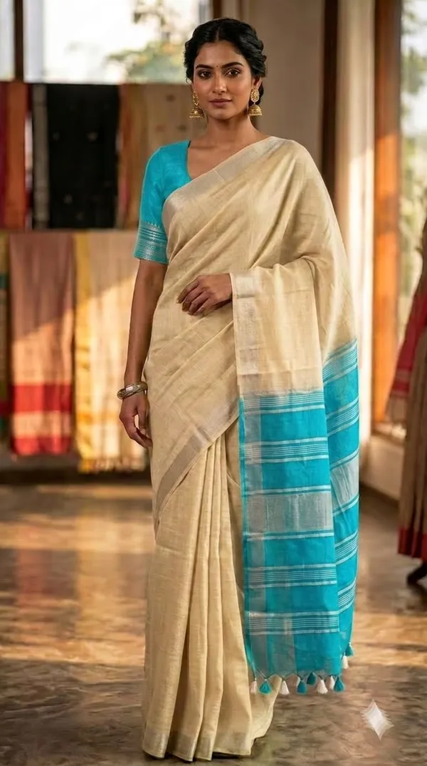 Elegant_Linen_Cotton_Blend_Saree_for_WDS_|_Cream_Saree_with_Contrast_Woven_Pallu_&_Silver_Zari_Border_|_Traditional_Ethnic_Wear