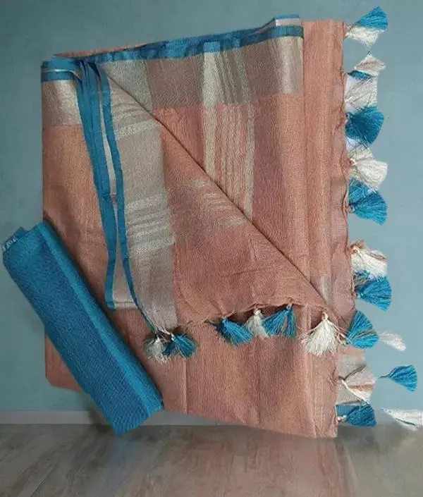 Peach-Cyan__Handloom_Bhagalpuri_Cotton_Linen_Blend_Saree_Ethnic_Wear_With_Contrast_Unstitched_Free_Blouse_Piece